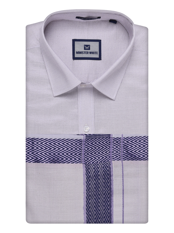 Mens Lavender Tissue Stripe Shirt and Dhoti Combo with Jacquard Border Kane by Minister White