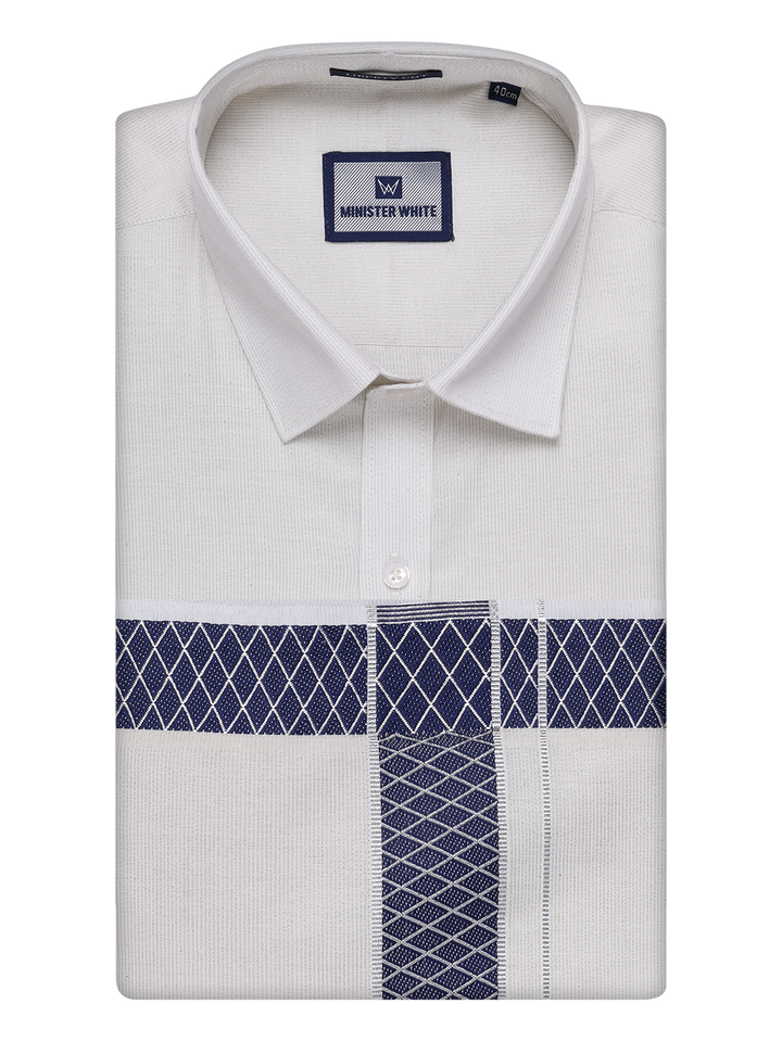 Mens Silver Tissue Stripe Shirt and Dhoti Combo with Jacquard Border Kane by Minister White