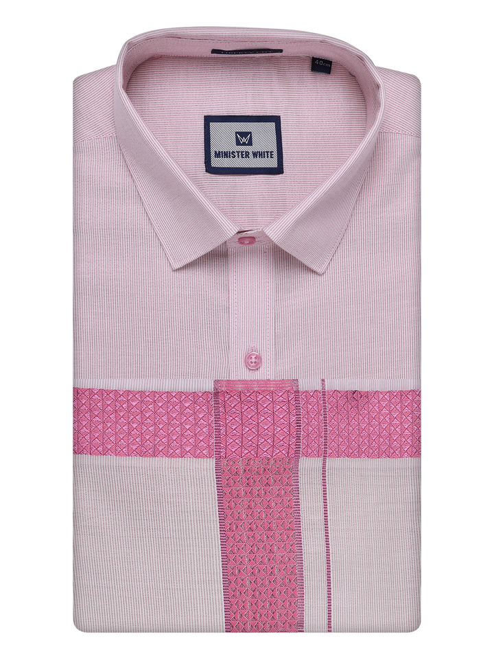 Mens Rose Tissue Stripe Shirt and Dhoti Combo with Jacquard Border Kane by Minister White