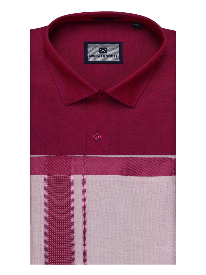 Mens Cotton Magenta Shirt with Tissue Matching Border Dhoti Wedding Combo Kandala by Minister White