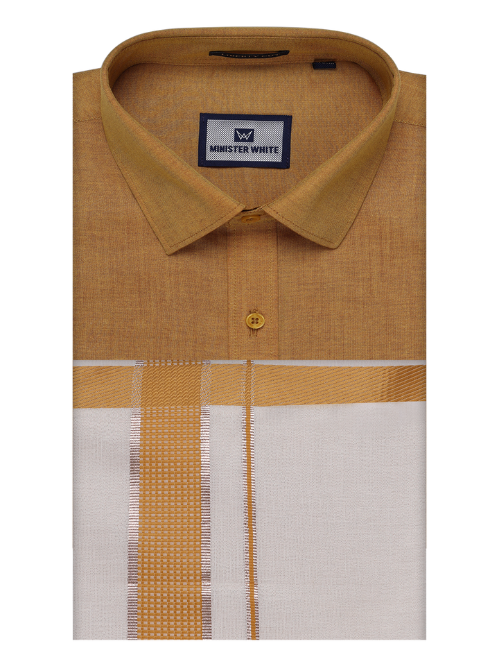 Mens Cotton Mustard Shirt with Tissue Matching Border Dhoti Wedding Combo Kandala by Minister White