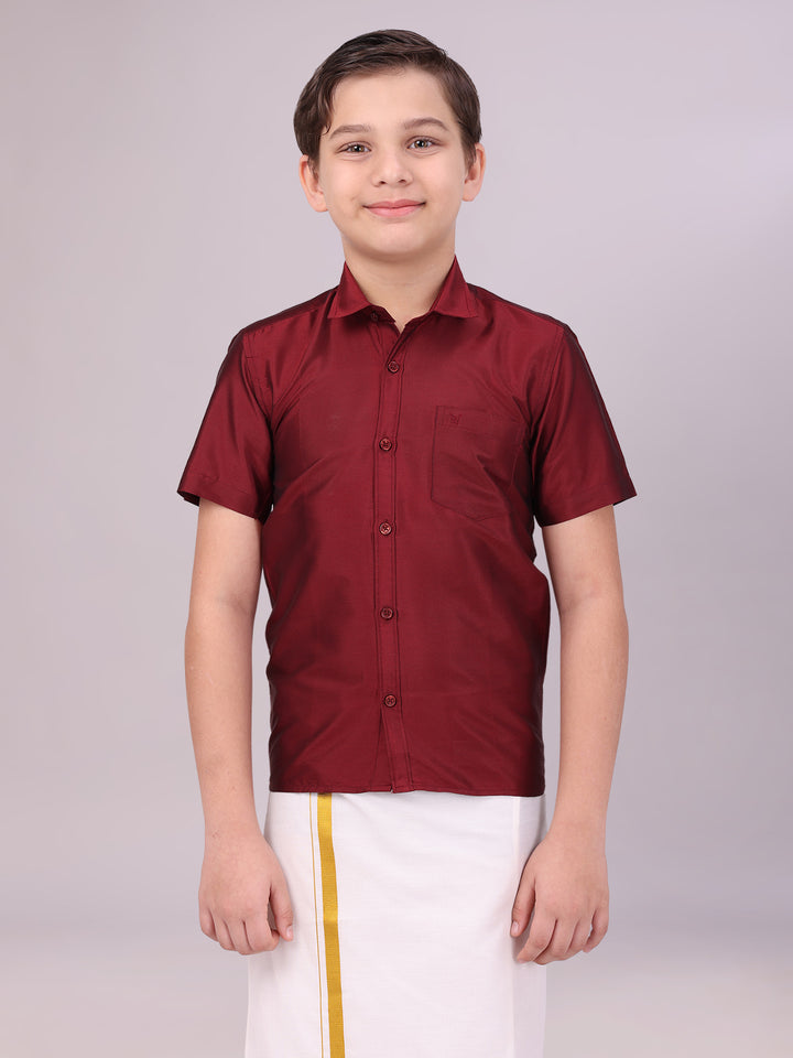 Boys Dupion Satin Maroon Colour Half Sleeves Shirt