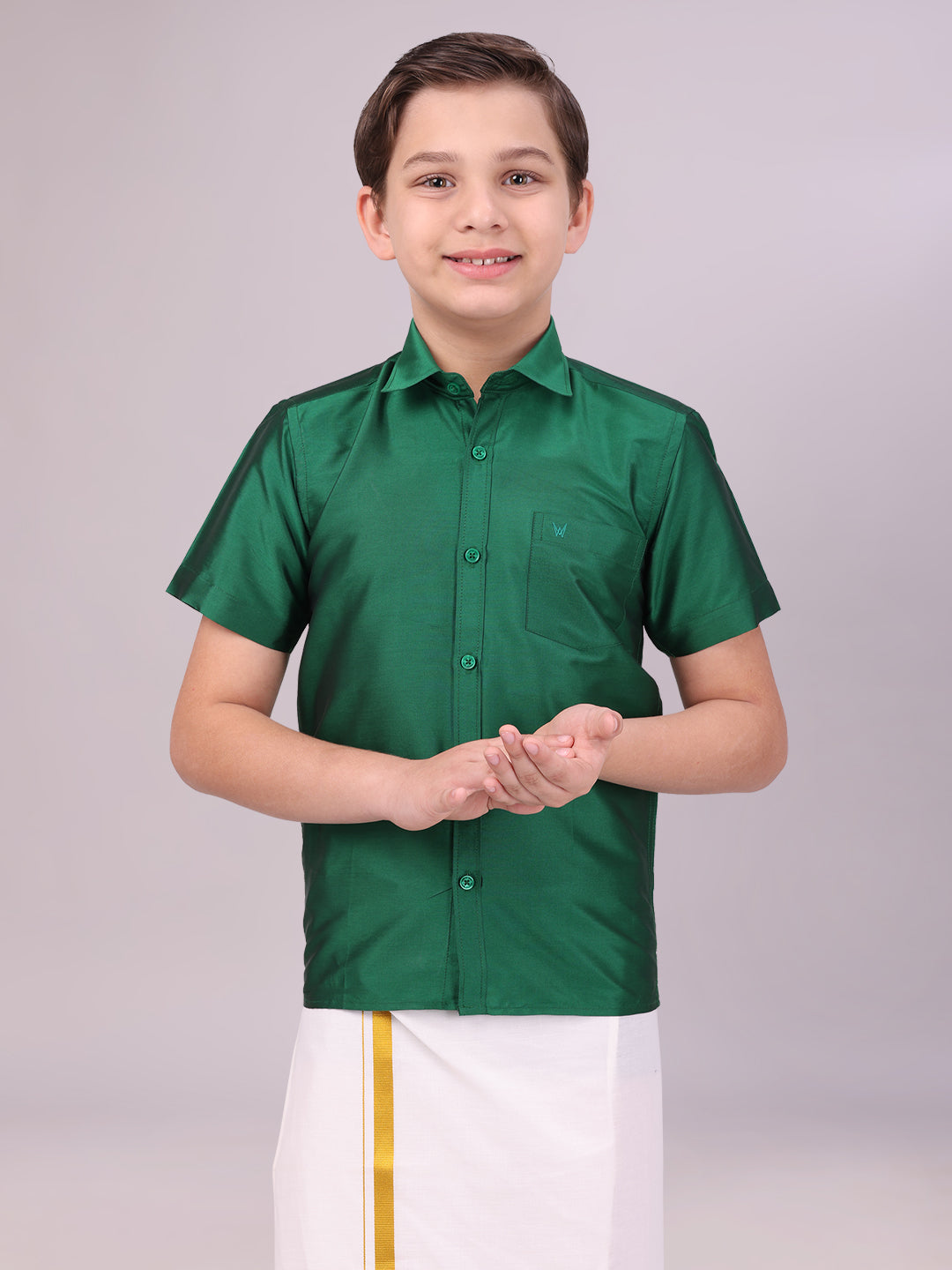 Boys Dupion Satin Green Colour Half Sleeves Shirt Happy Boy