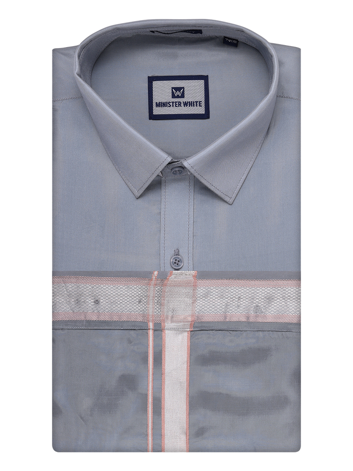 Men's Art Silk Steel Grey Full Sleeves Shirt with Silver Jari Border Dhoti Combo Finesse