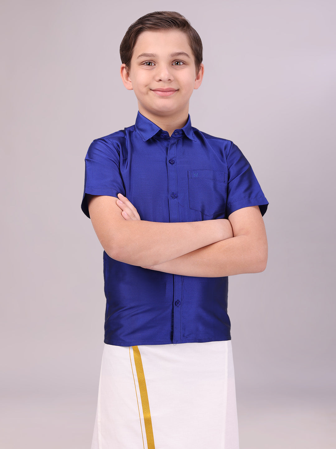 Boys Dupion Satin Dark Blue Color Half Sleeves Shirt