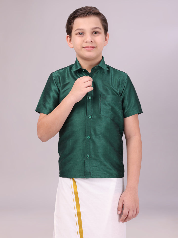 Boys Dark Green Color Half Sleeves Shirt