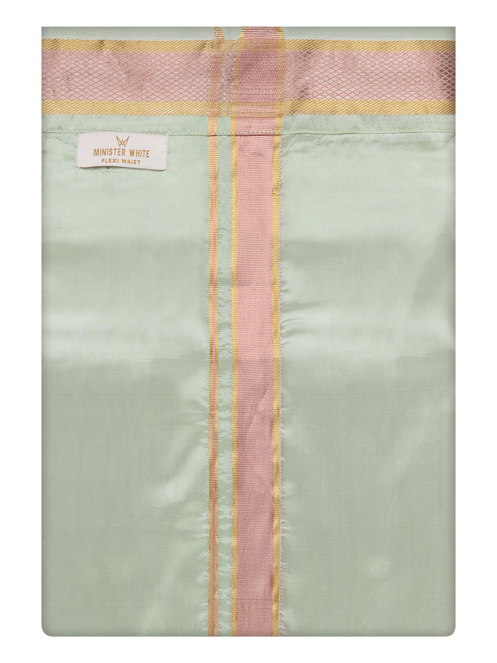 Mens Art Silk Pista Green Flexi Dhoti with Gold Jari Border By Minister White