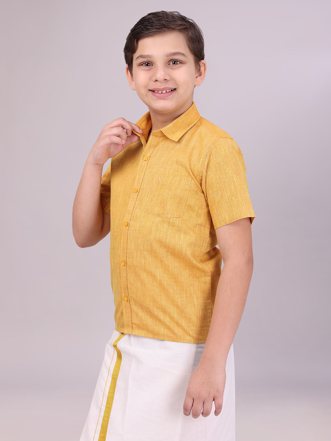Boys Cotton Mustard Colour Half Sleeves Shirt side pose