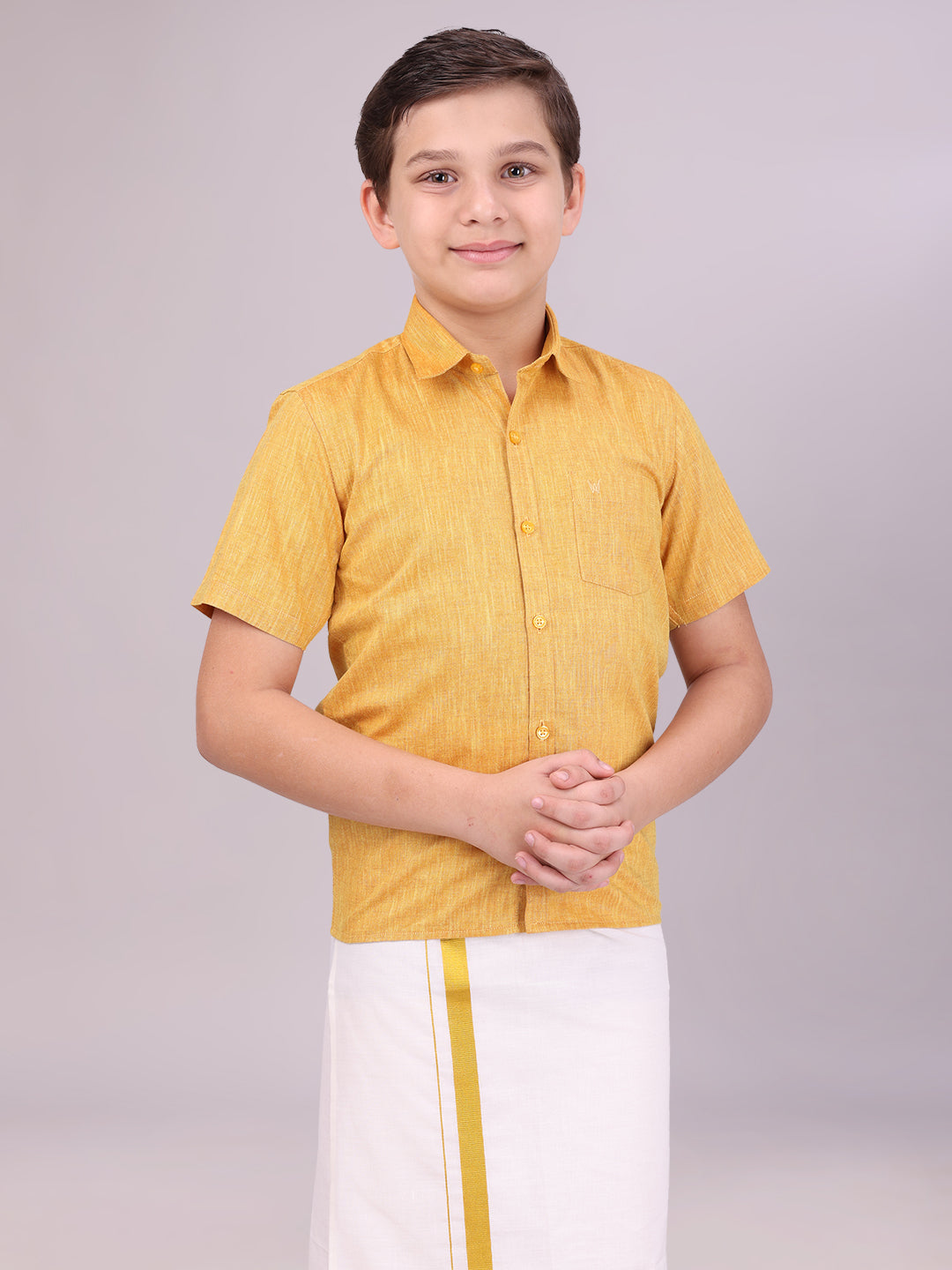 Boys Cotton Mustard Colour Half Sleeves Shirt front pose