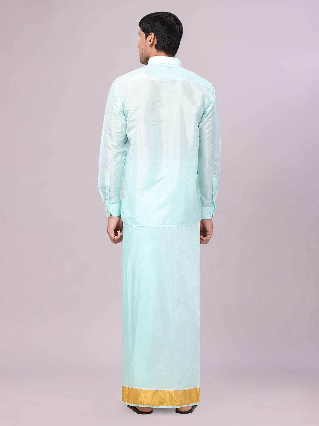 Men's Art Silk Mint Gold Full Sleeves Shirt with 3" Gold Jari Border Dhoti Combo Haldi back pose