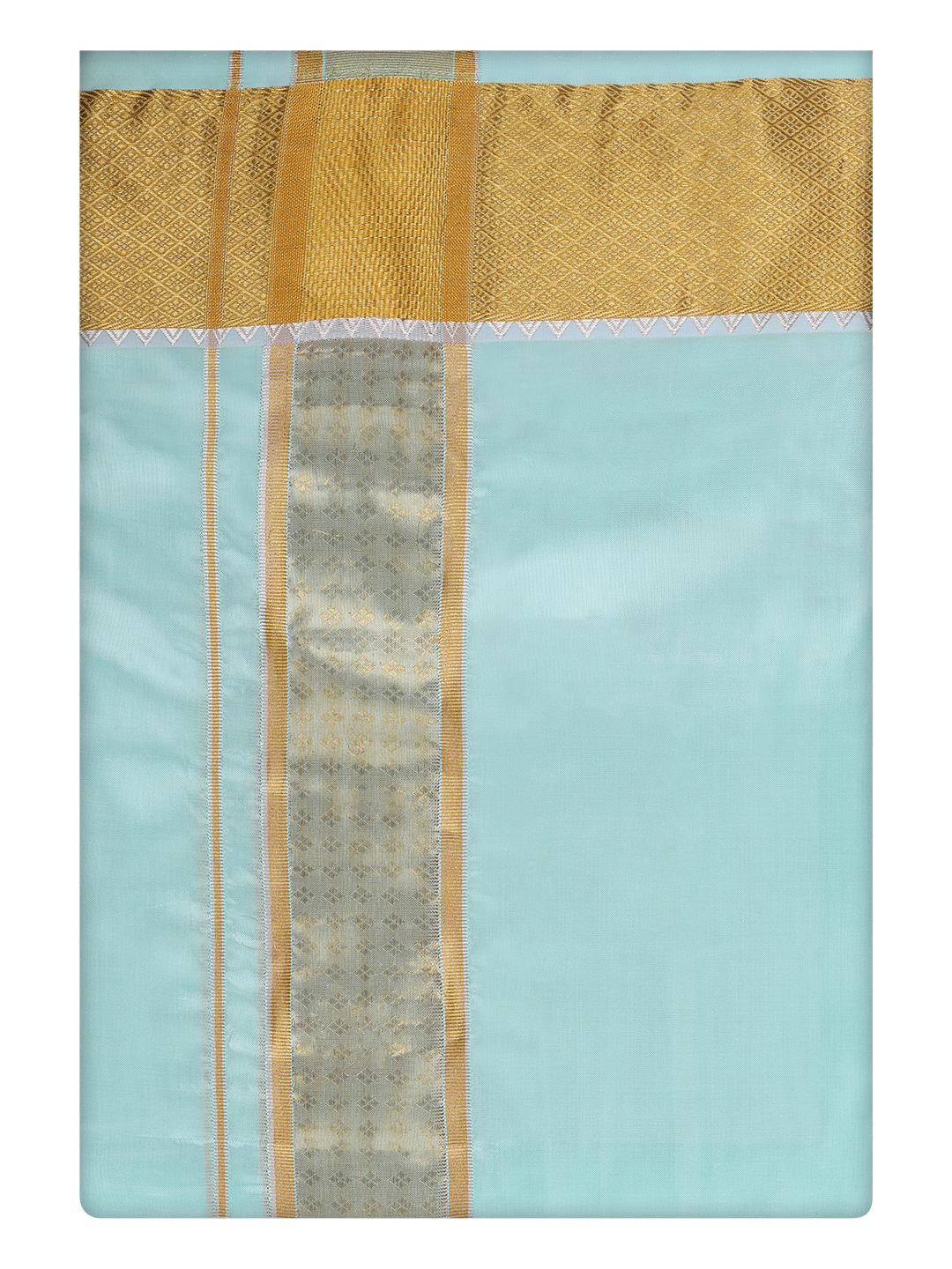 Mens Art Silk Mint Gold Color Dhoti with 3" Jari Border by Minister White