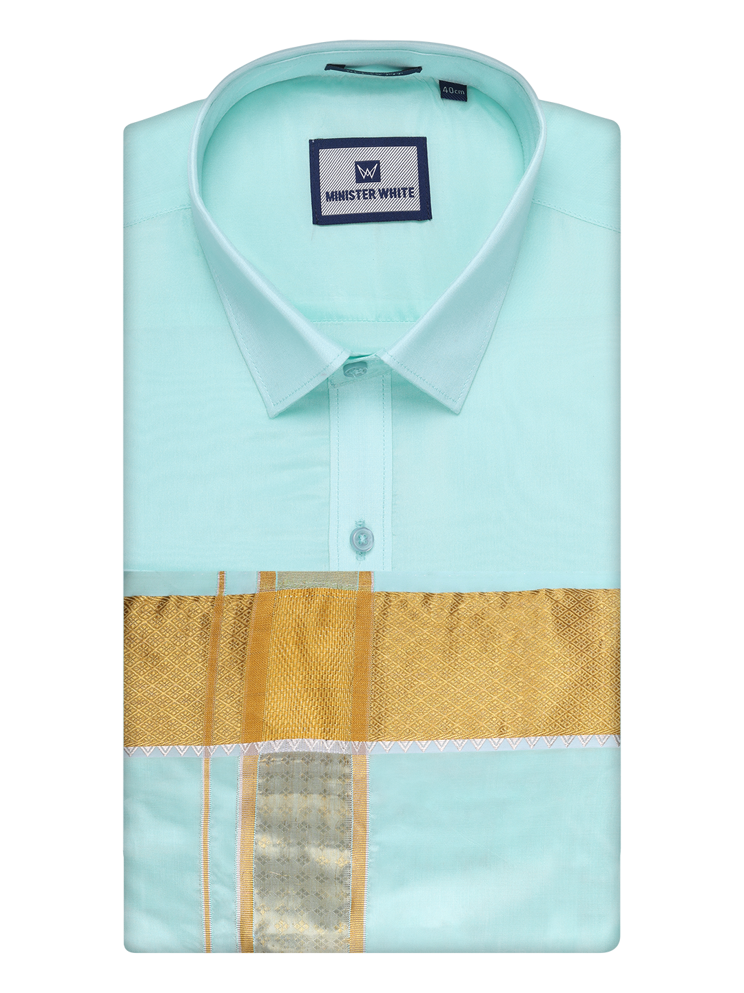 Mens Art Silk Mint Gold Full Sleeves Shirt with 3" Gold Jari Border Dhoti Combo Haldi by Minister White