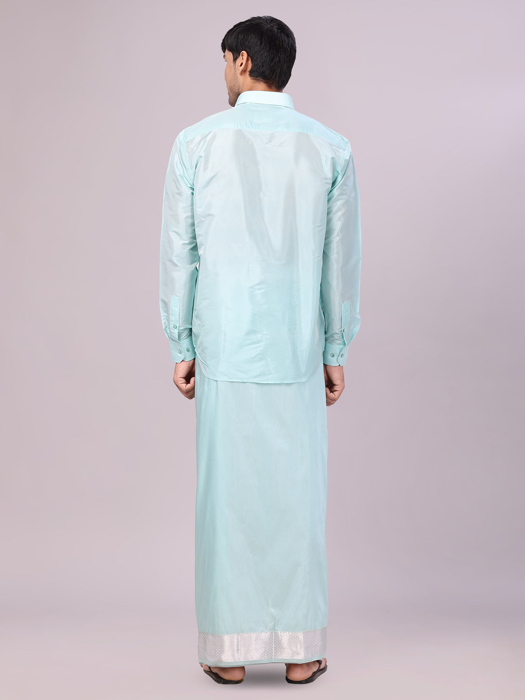 Men's Art Silk Sea Green Jacquard Full Sleeves Shirt with 3" Silver Jari Border Dhoti Combo Mangal