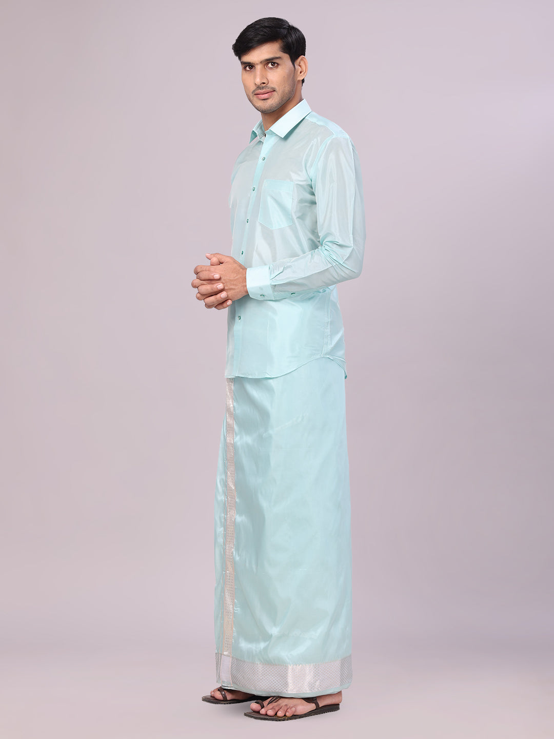 Men's Art Silk Sea Green Jacquard Full Sleeves Shirt with 3" Silver Jari Border Dhoti Combo Mangal