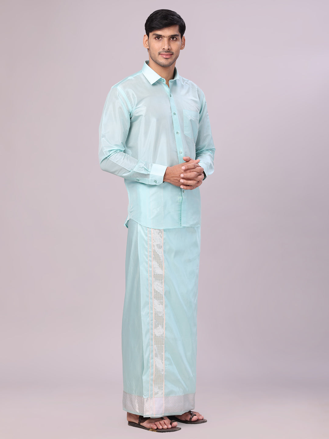 Men's Art Silk Sea Green Jacquard Full Sleeves Shirt with 3" Silver Jari Border Dhoti Combo Mangal