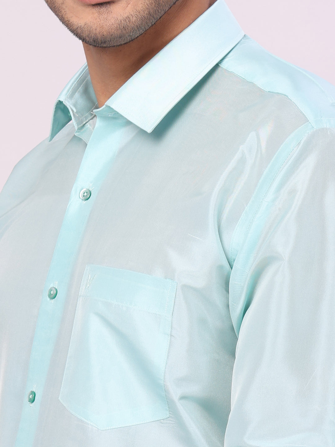 Men's Art Silk Sea Green Jacquard Full Sleeves Shirt with 3" Silver Jari Border Dhoti Combo Mangal