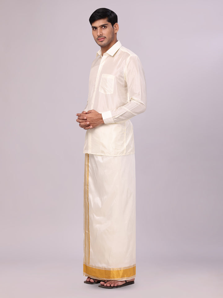Mens Art Silk Cream Full Sleeves Shirt with 3 1/2" Gold Jari Border Dhoti Combo Haldi side pose