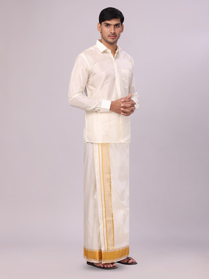 Mens Art Silk Cream Full Sleeves Shirt with 3 1/2" Gold Jari Border Dhoti Combo Haldi side pose