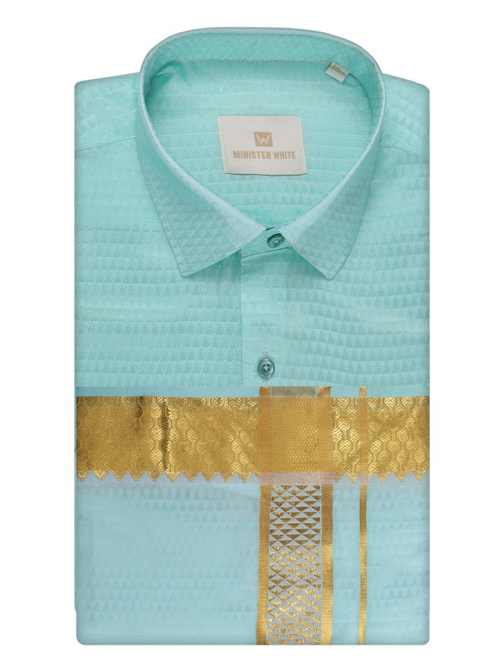 Mens Art Silk Mint Full Sleeves Shirt with 2 1/2" Gold Jari Border Dhoti Combo Neogen by Minister White