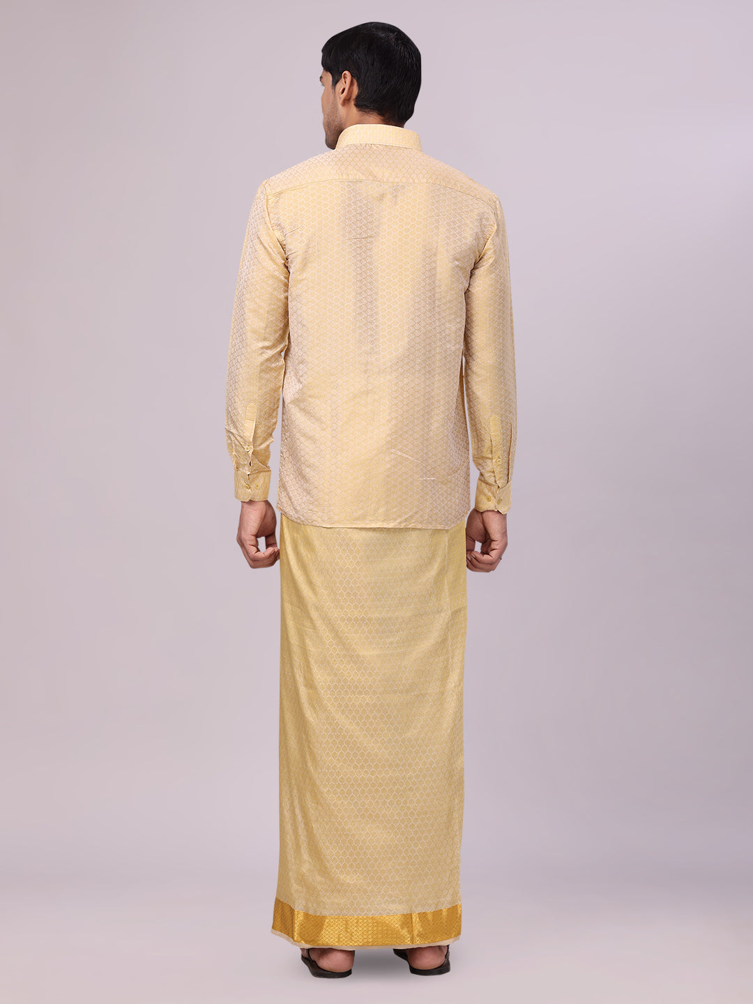 Men's Art Silk Jacquard Mango Full Sleeves Shirt with 2 1/2" Gold Jari Border & Towel Dhoti Combo Spruce