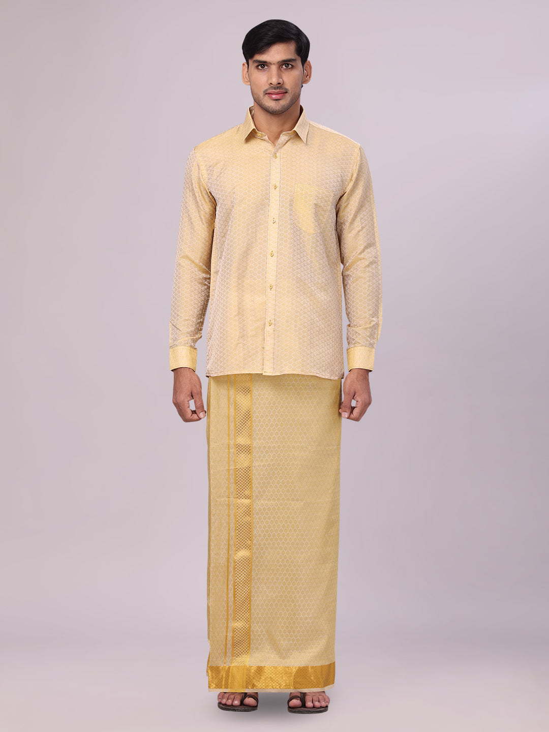 Men's Art Silk Jacquard Mango Full Sleeves Shirt with 2 1/2" Gold Jari Border & Towel Dhoti Combo Spruce