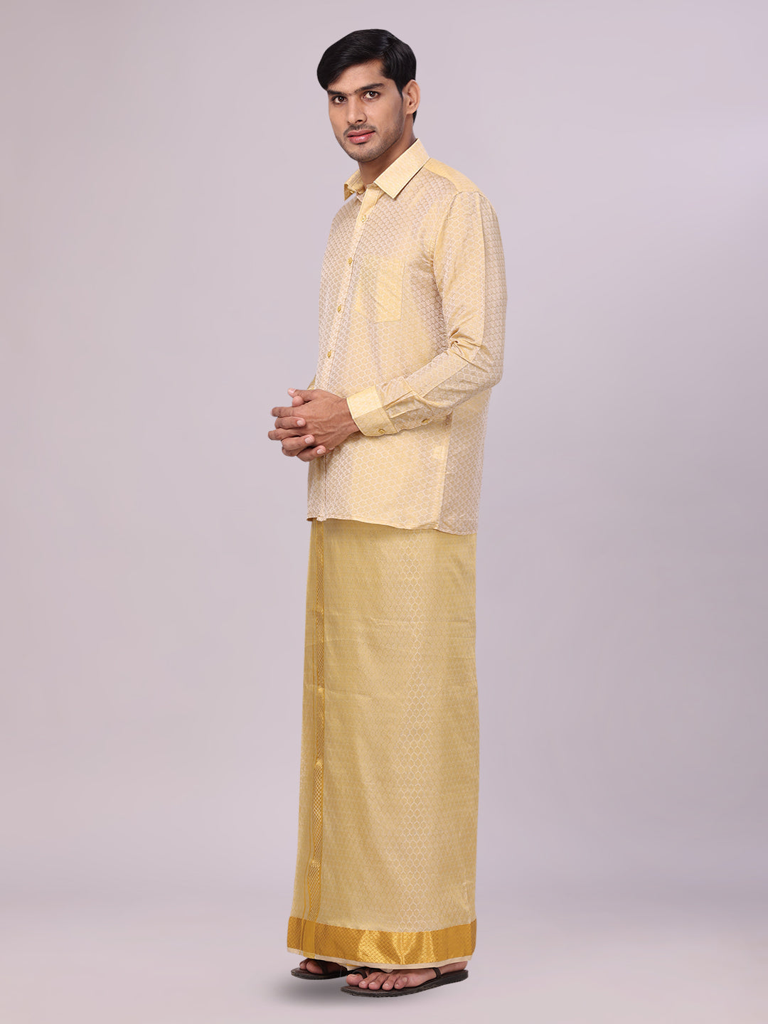 Men's Art Silk Jacquard Mango Full Sleeves Shirt with 2 1/2" Gold Jari Border & Towel Dhoti Combo Spruce