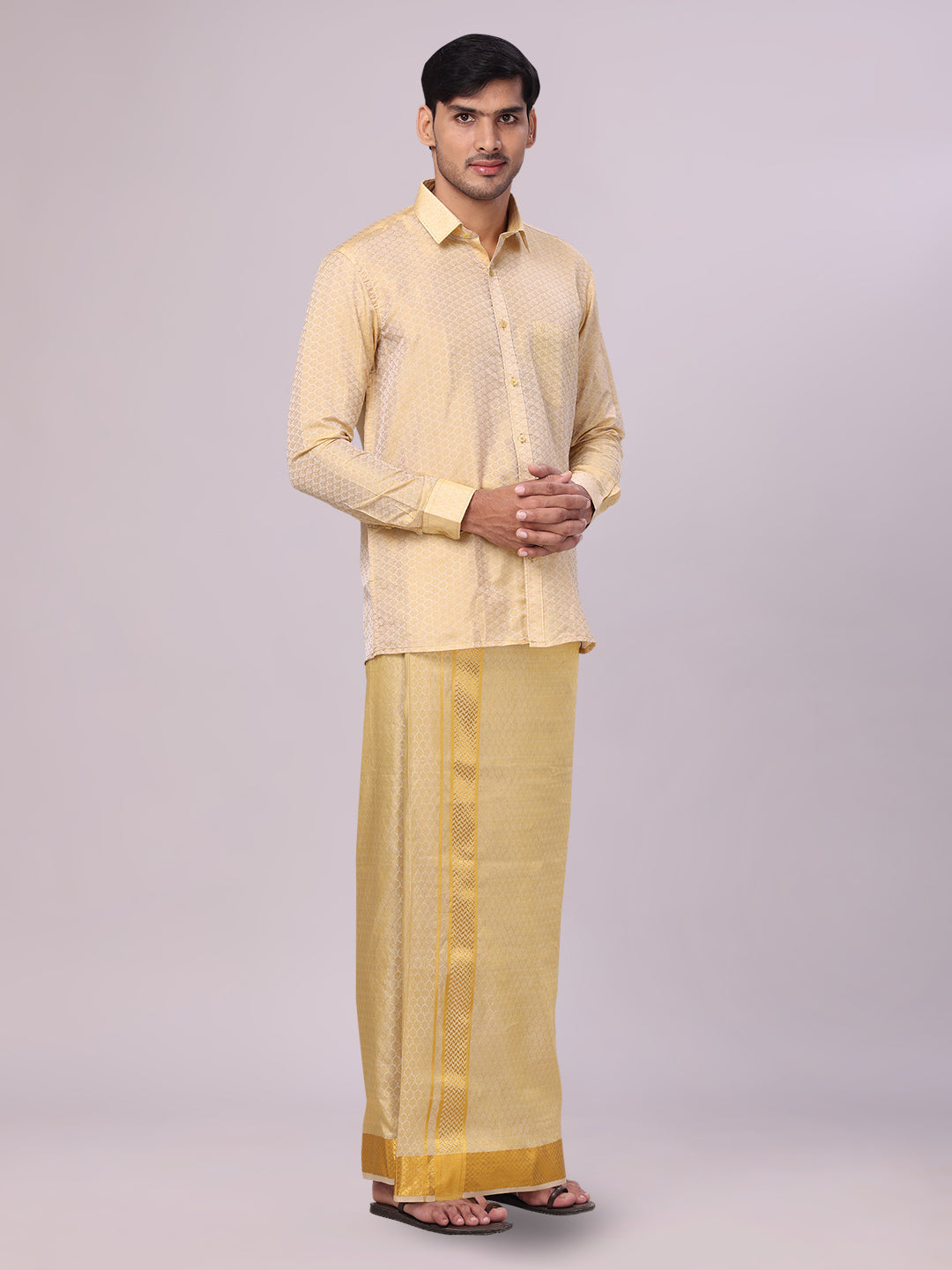 Men's Art Silk Jacquard Mango Full Sleeves Shirt with 2 1/2" Gold Jari Border & Towel Dhoti Combo Spruce