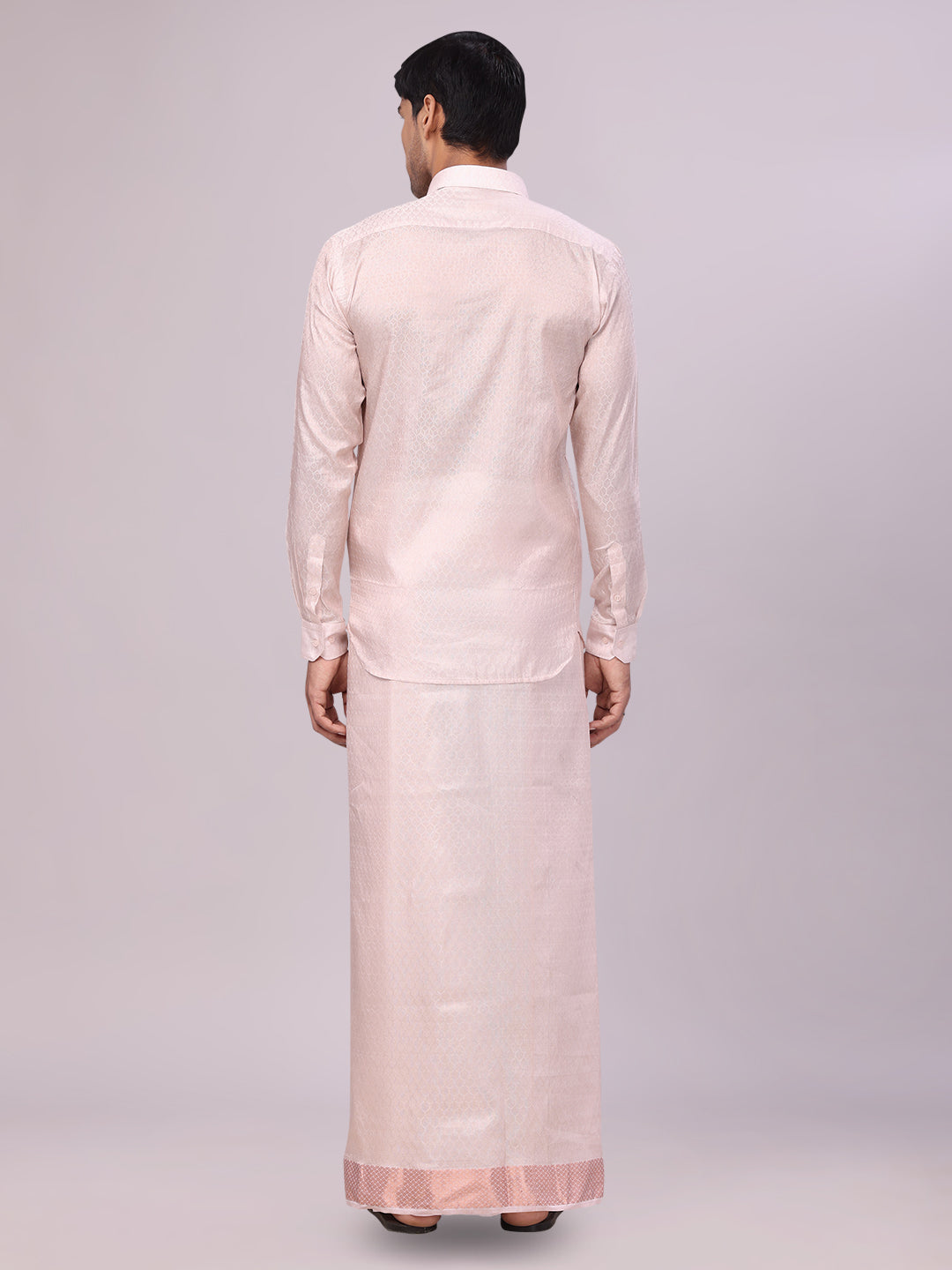 Men's Art Silk Light Copper Jacquard Full Sleeves Shirt with 2 1/2" Jari Border & Towel Dhoti Combo Spruce