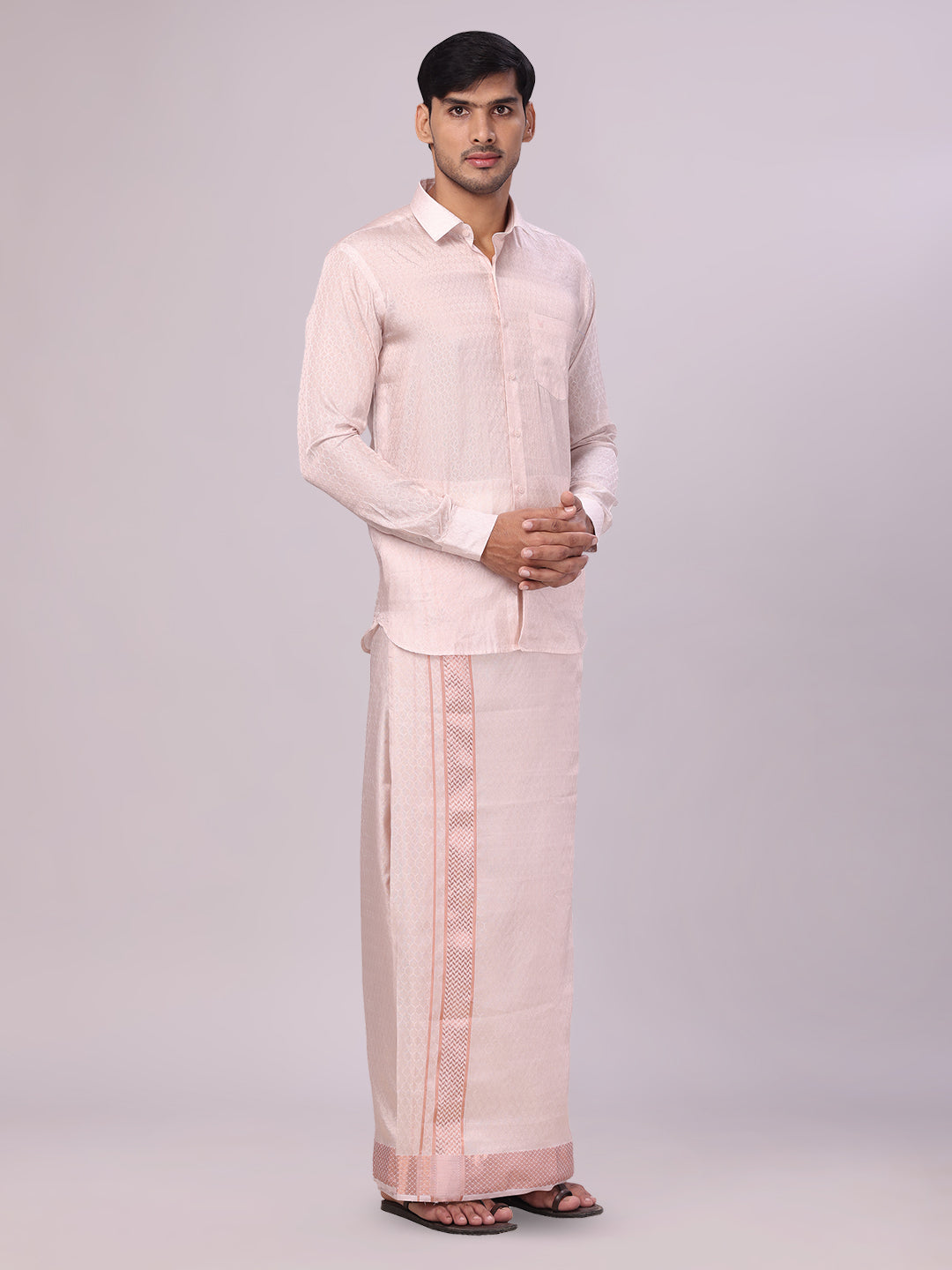 Men's Art Silk Light Copper Jacquard Full Sleeves Shirt with 2 1/2" Jari Border & Towel Dhoti Combo Spruce