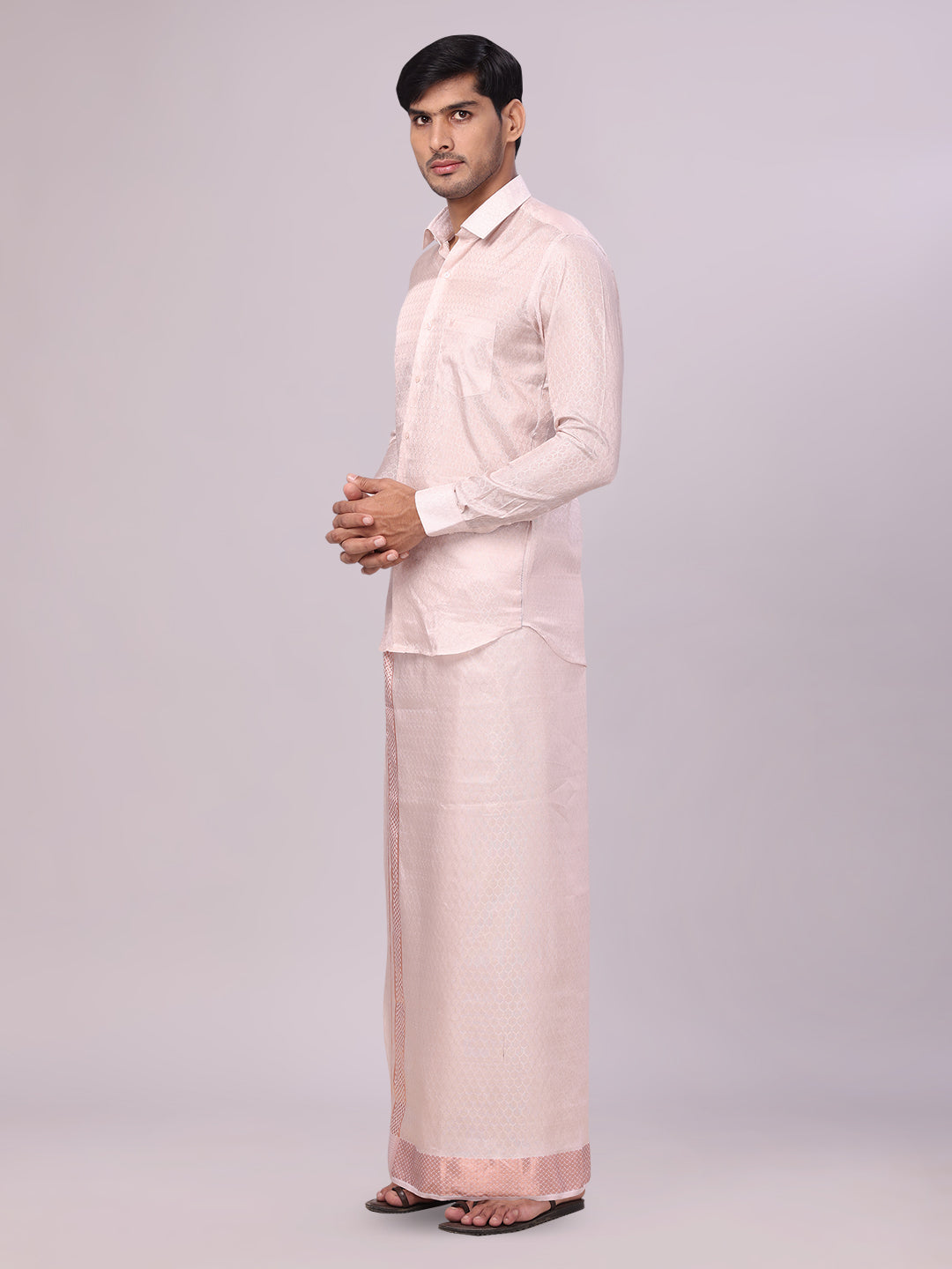 Men's Art Silk Light Copper Jacquard Full Sleeves Shirt with 2 1/2" Jari Border & Towel Dhoti Combo Spruce