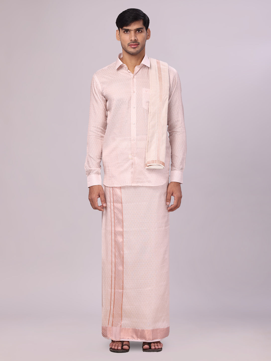 Men's Art Silk Light Copper Jacquard Full Sleeves Shirt with 2 1/2" Jari Border & Towel Dhoti Combo Spruce
