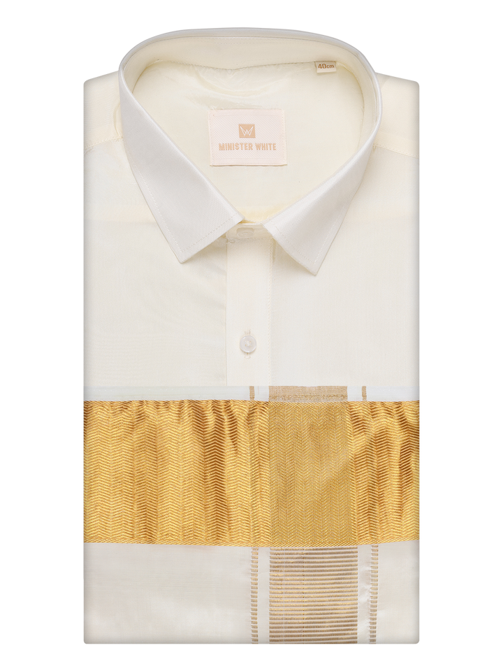 Mens Art Silk Cream Full Sleeves Shirt with 4" Gold Jari Border Dhoti Combo Haldi by Minister White