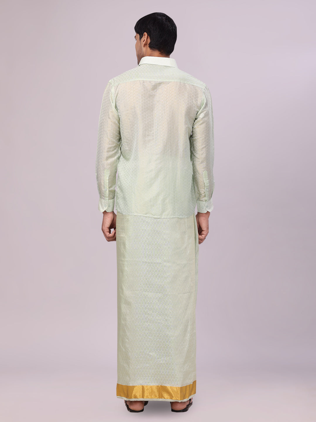 Men's Art Silk Jacquard Pista Full Sleeves Shirt with 2 1/2" Gold Jari Border & Towel Dhoti Combo Spruce