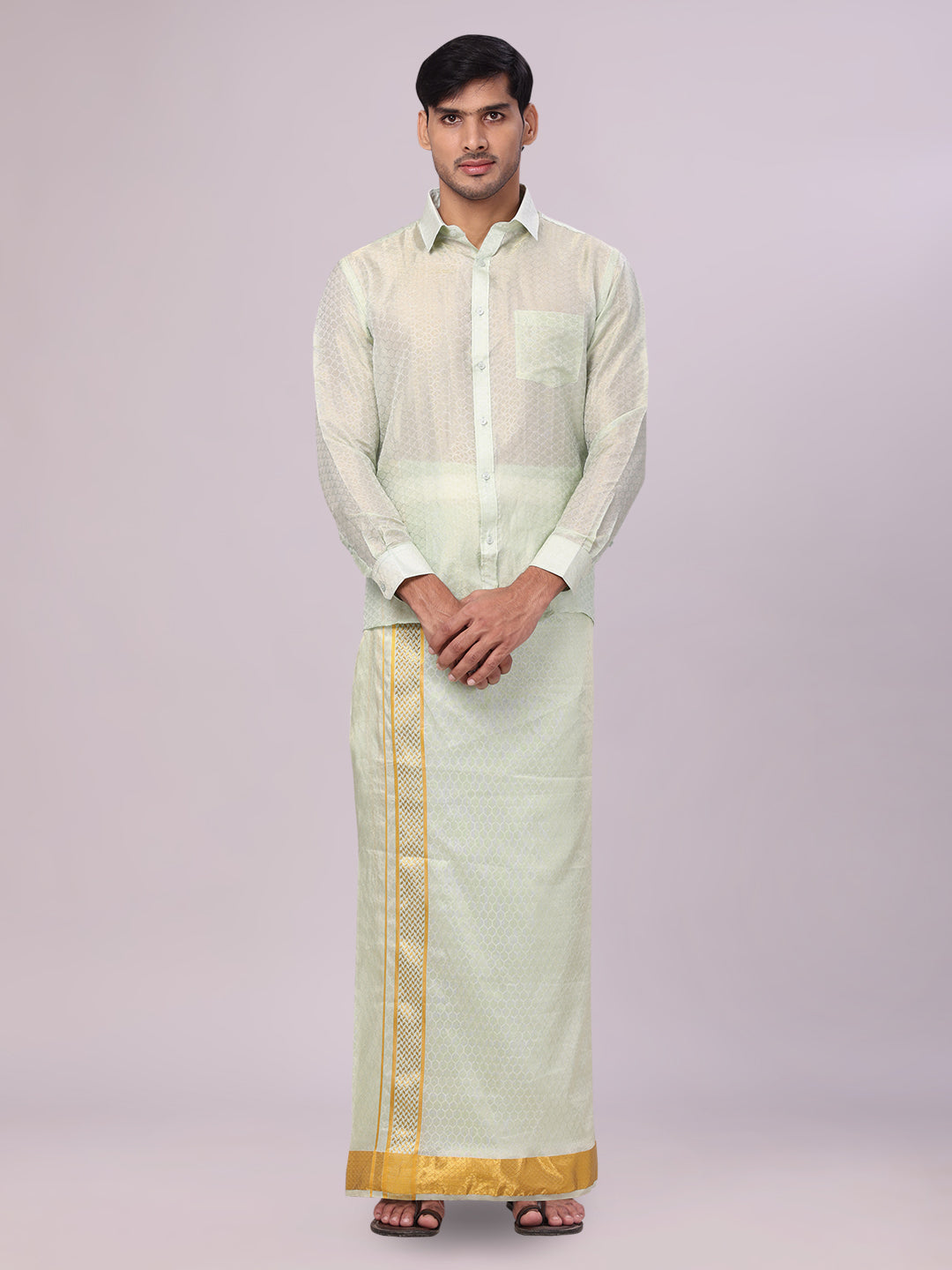 Men's Art Silk Jacquard Pista Full Sleeves Shirt with 2 1/2" Gold Jari Border & Towel Dhoti Combo Spruce