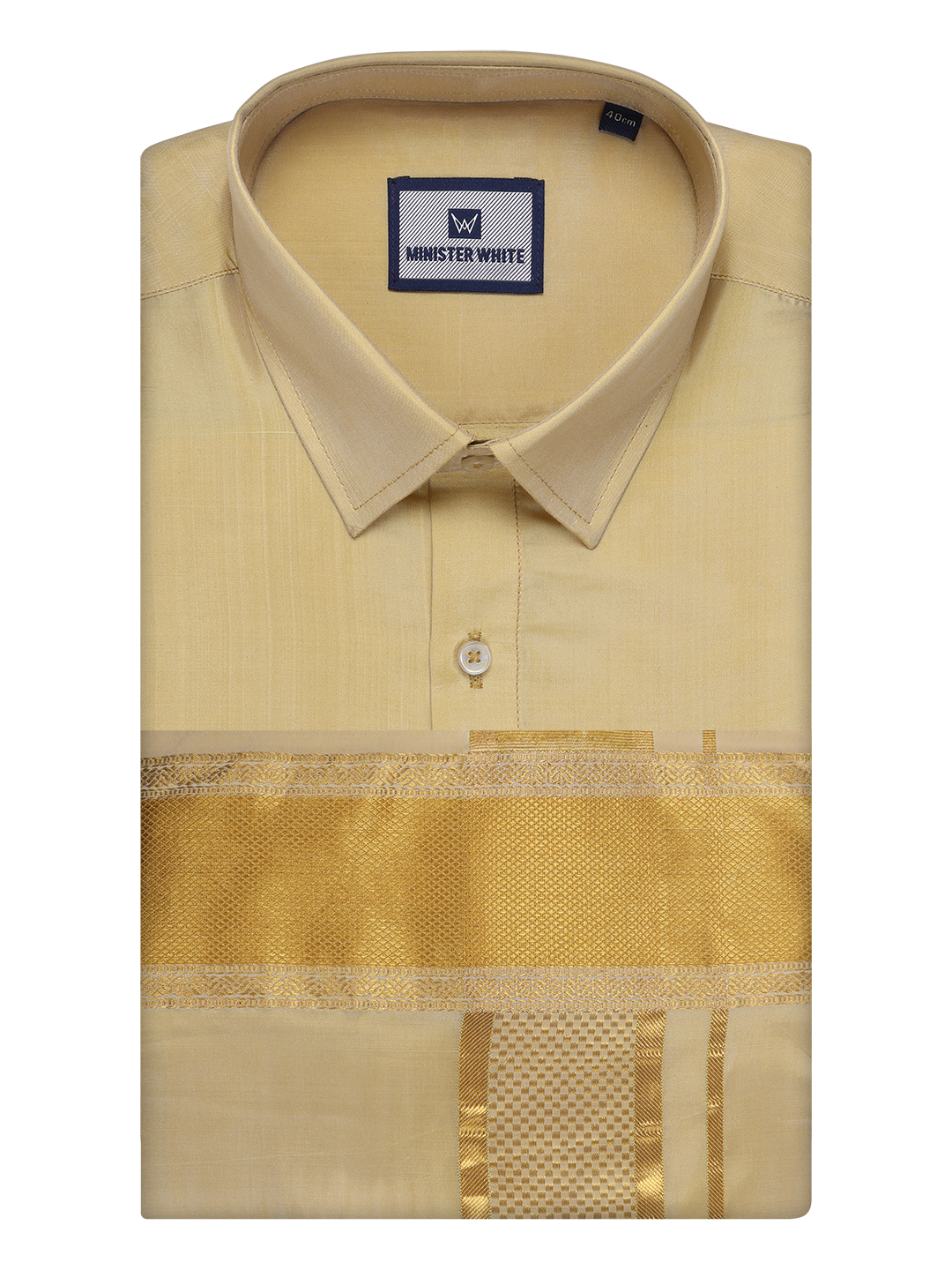Mens Art Silk Mango Gold Full Sleeves Shirt with 3 1/2" Gold Jari Border Dhoti Combo Haldi by Minister White