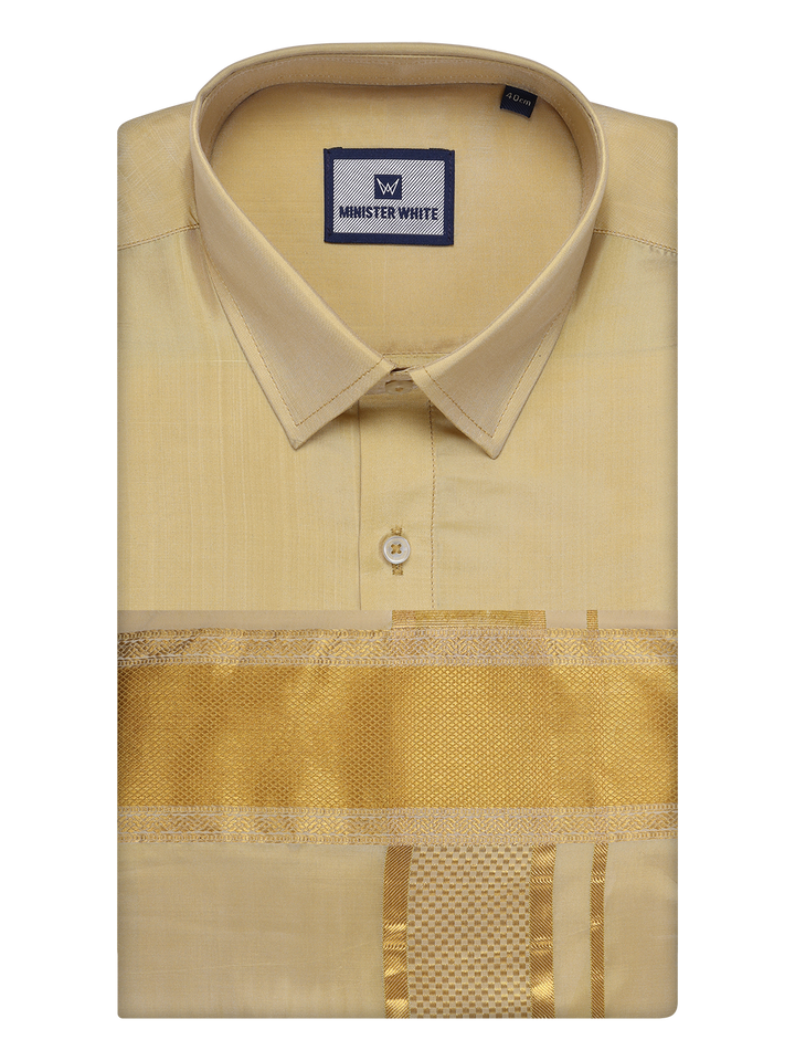 Mens Art Silk Mango Gold Full Sleeves Shirt with 3 1/2" Gold Jari Border Dhoti Combo Haldi by Minister White