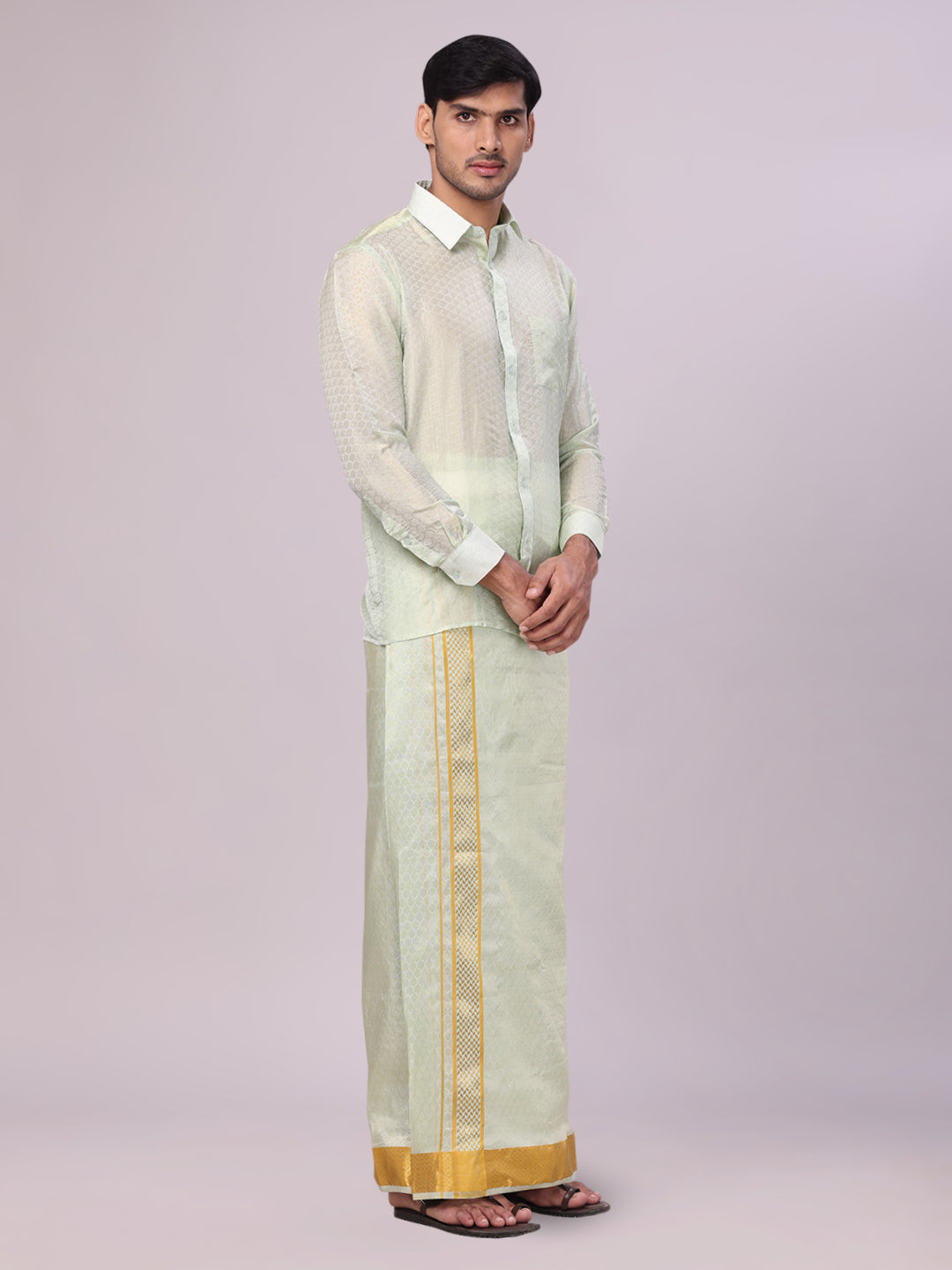Men's Art Silk Jacquard Pista Full Sleeves Shirt with 2 1/2" Gold Jari Border & Towel Dhoti Combo Spruce