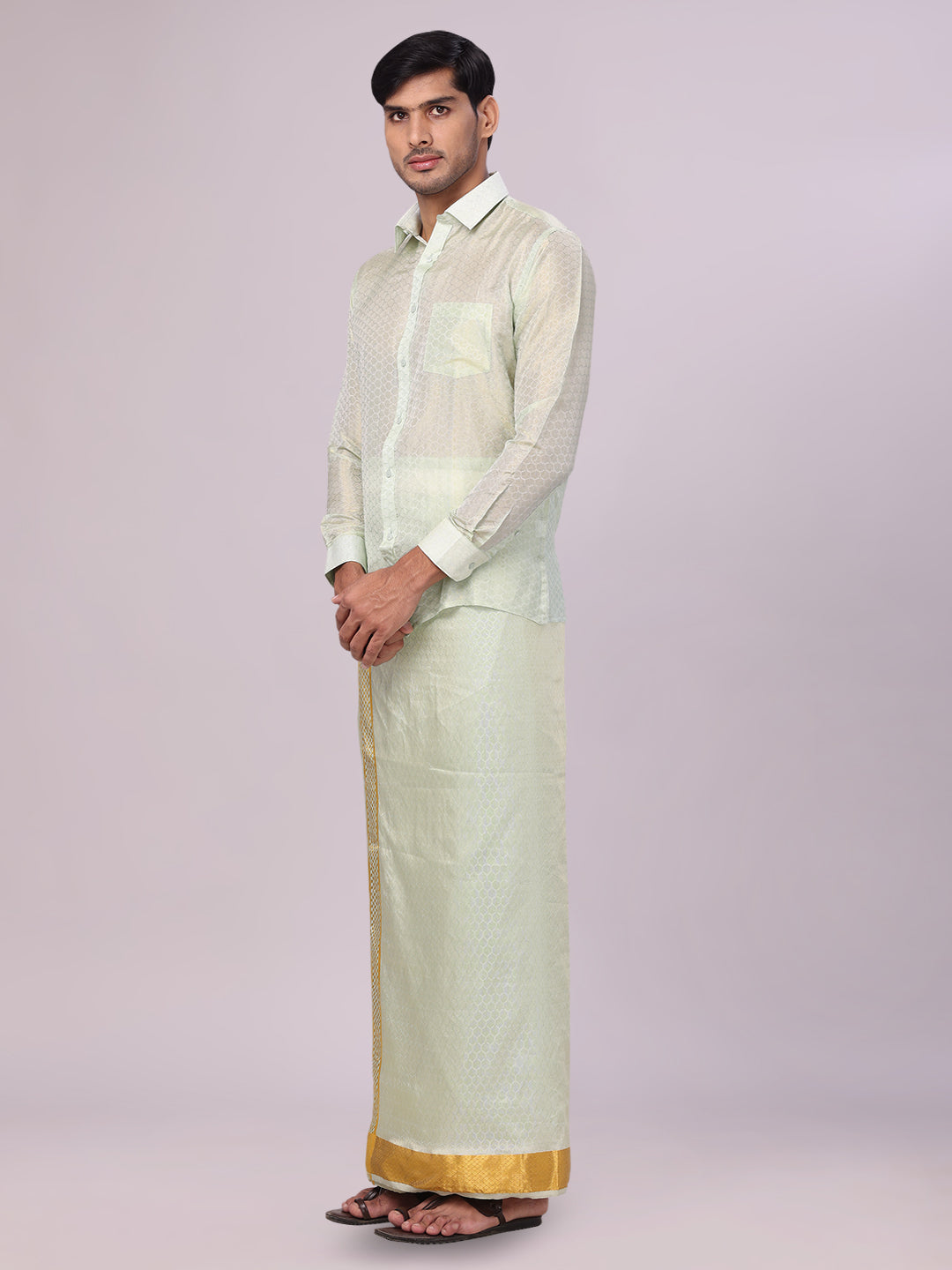 Men's Art Silk Jacquard Pista Full Sleeves Shirt with 2 1/2" Gold Jari Border & Towel Dhoti Combo Spruce