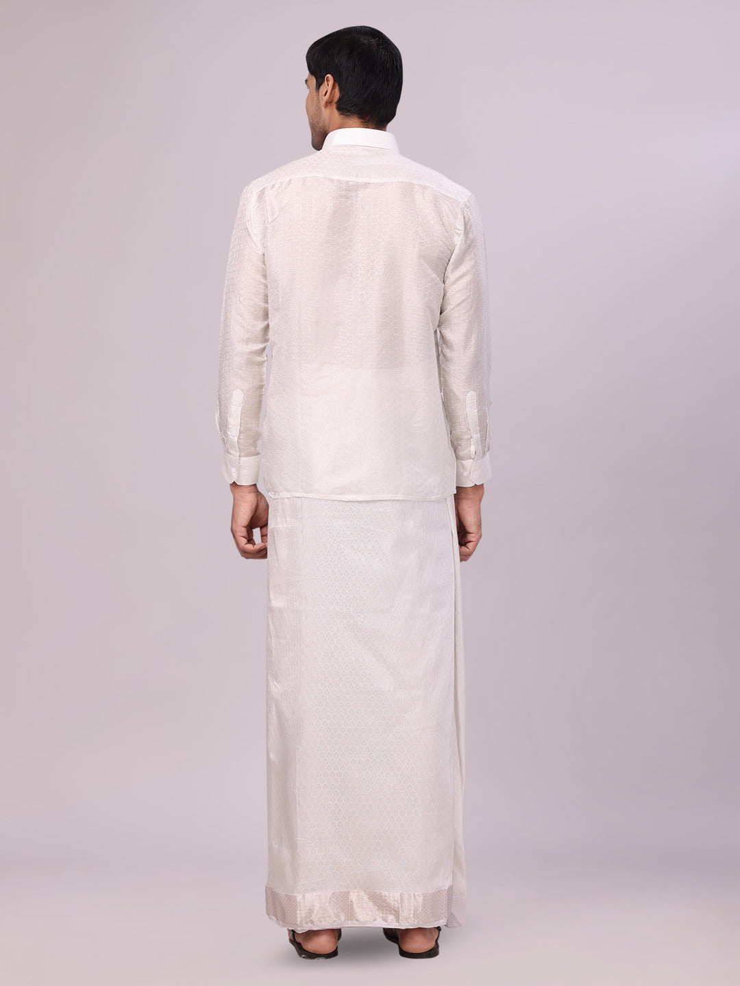 Men's Art Silk Half White Jacquard Full Sleeves Shirt with 2 1/2" Silver Jari Border & Towel Dhoti Combo Spruce