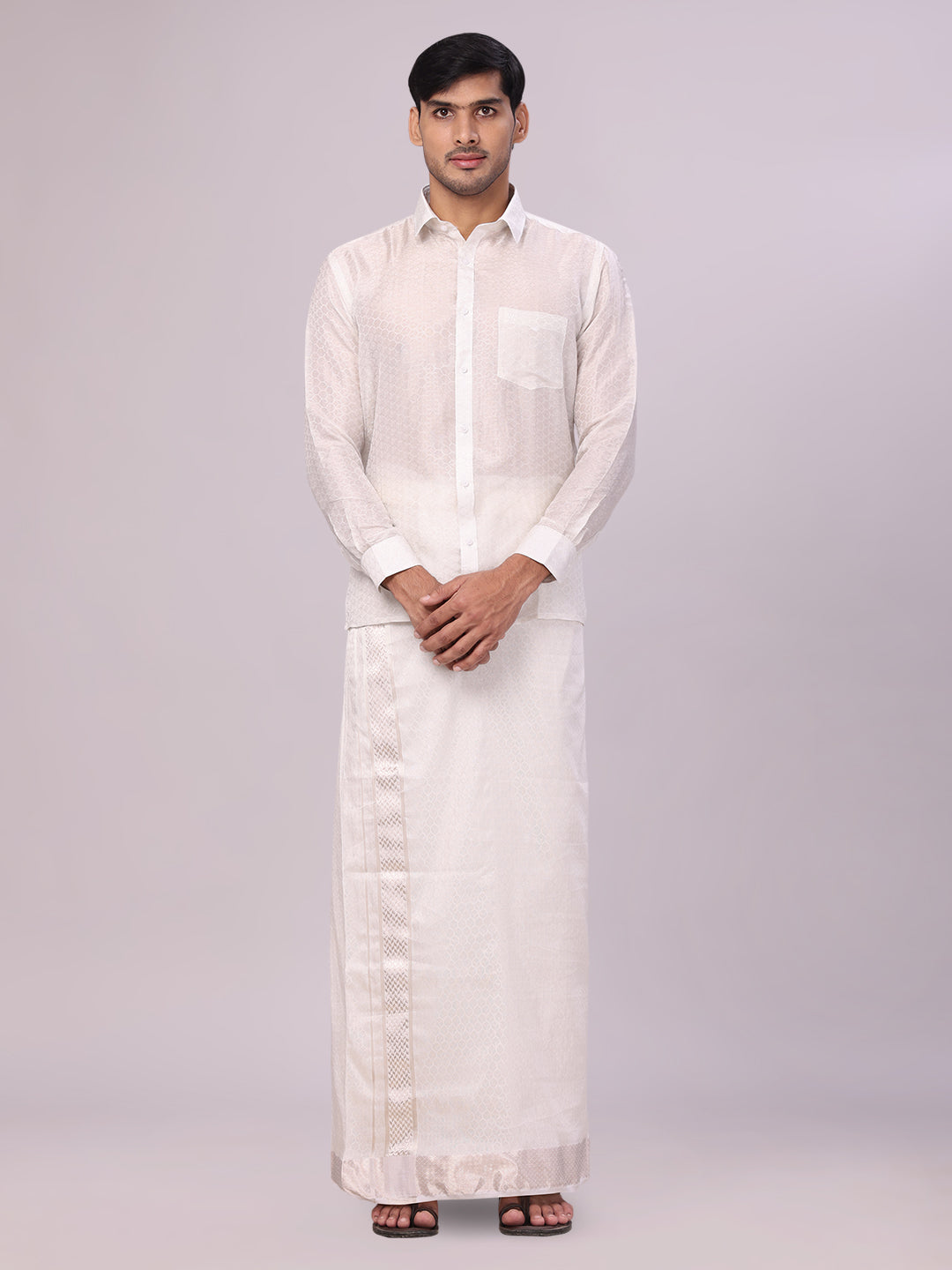 Men's Art Silk Half White Jacquard Full Sleeves Shirt with 2 1/2" Silver Jari Border & Towel Dhoti Combo Spruce