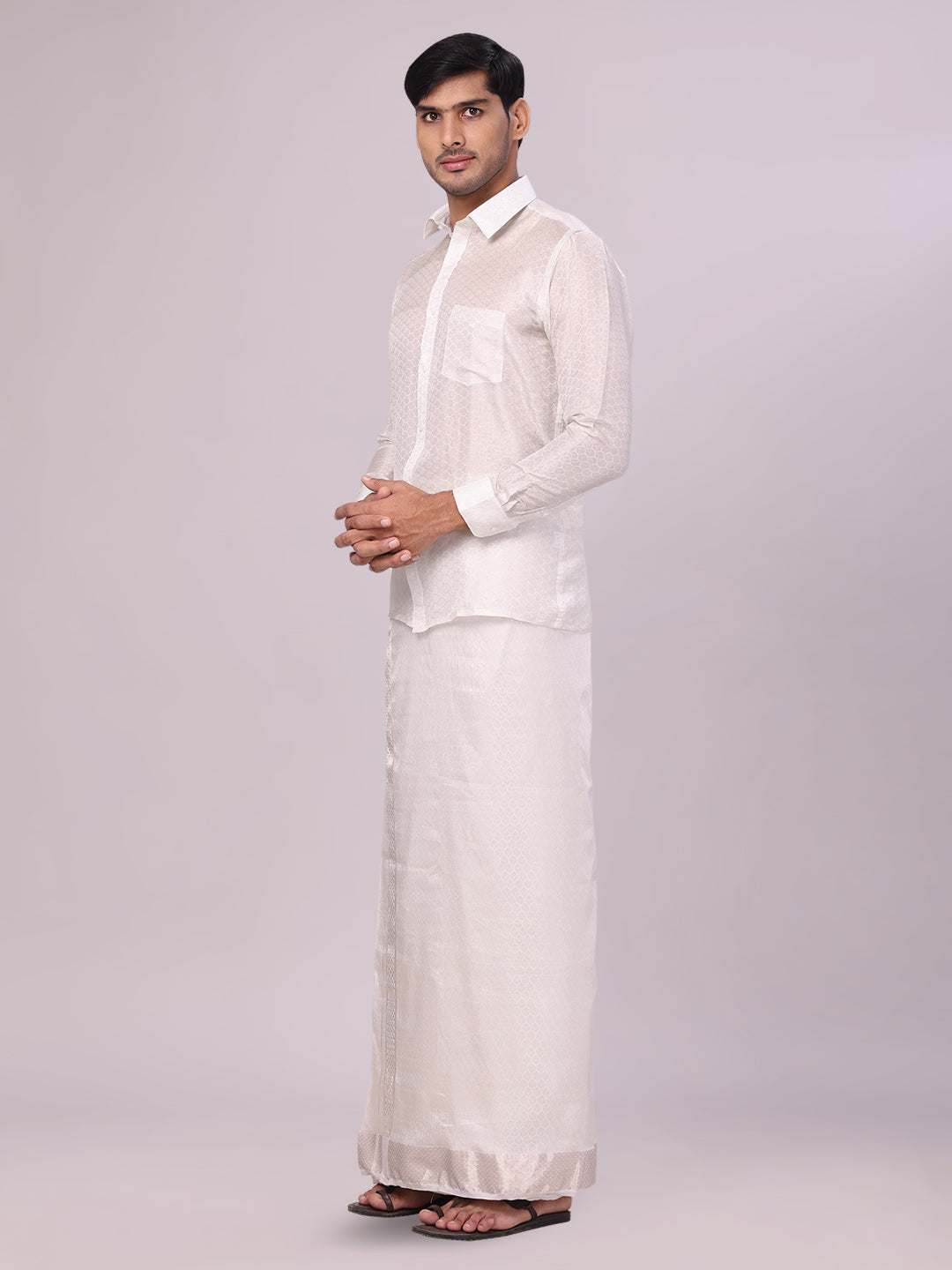 Men's Art Silk Half White Jacquard Full Sleeves Shirt with 2 1/2" Silver Jari Border & Towel Dhoti Combo Spruce