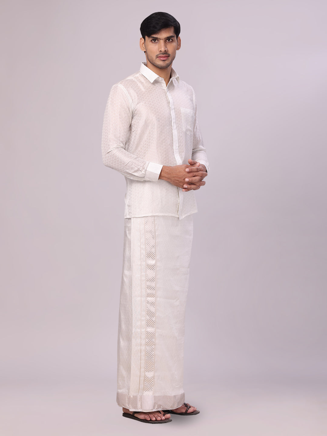 Men's Art Silk Half White Jacquard Full Sleeves Shirt with 2 1/2" Silver Jari Border & Towel Dhoti Combo Spruce