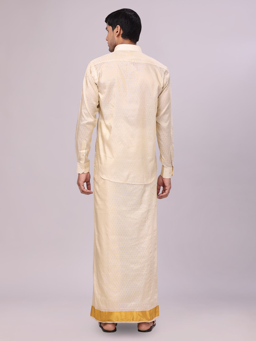 Men's Art Silk Jacquard Cream Jacquard Full Sleeves Shirt with 2 1/2" Gold Jari Border & Towel Dhoti Combo Spruce