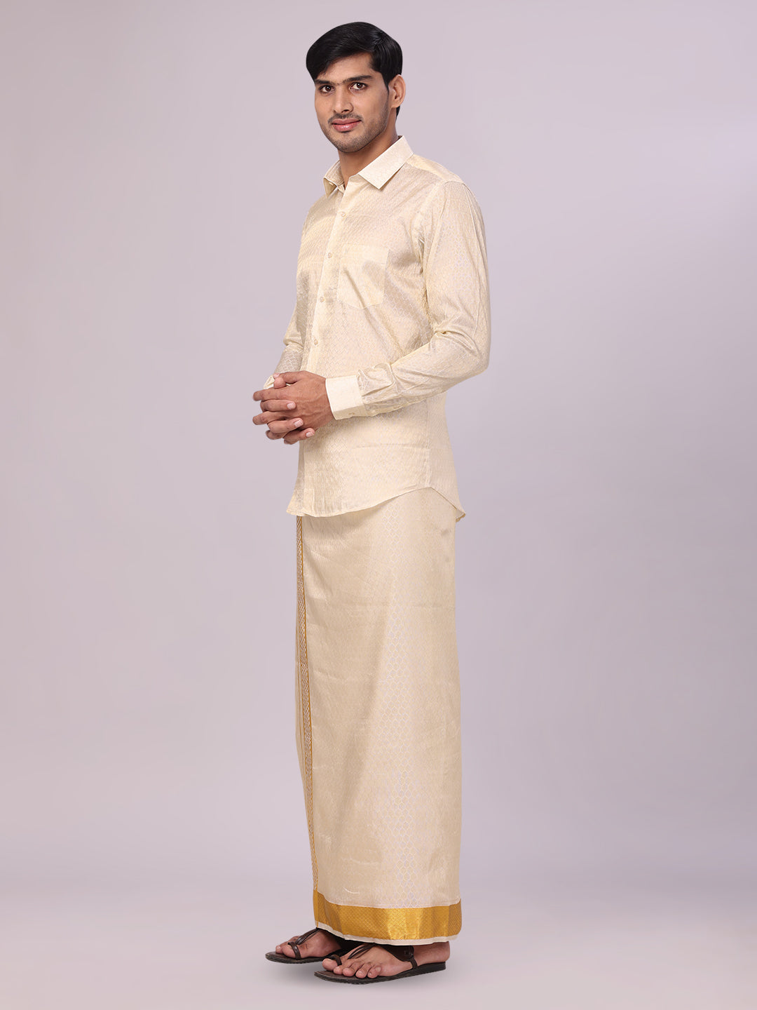 Men's Art Silk Jacquard Cream Jacquard Full Sleeves Shirt with 2 1/2" Gold Jari Border & Towel Dhoti Combo Spruce