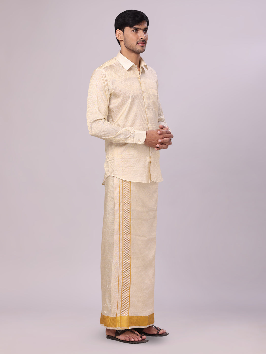 Men's Art Silk Jacquard Cream Jacquard Full Sleeves Shirt with 2 1/2" Gold Jari Border & Towel Dhoti Combo Spruce