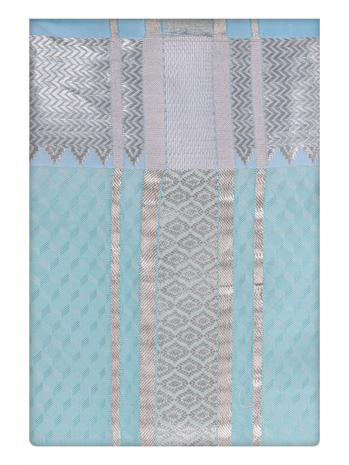 Mens Art Silk Sea Green Dhoti with 2 1/2" Silver Jari Border by Minister White