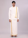 Mens Pure Cotton Cream Wedding Shirt Gold Jari Dhoti Towel Belt Combo - Subharaagam