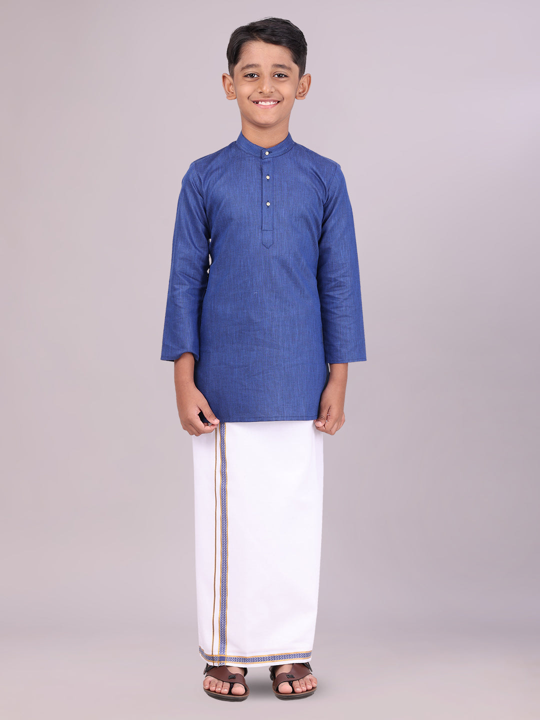 Boys Cotton Navy Kurta with Matching Border Dhoti Combo
