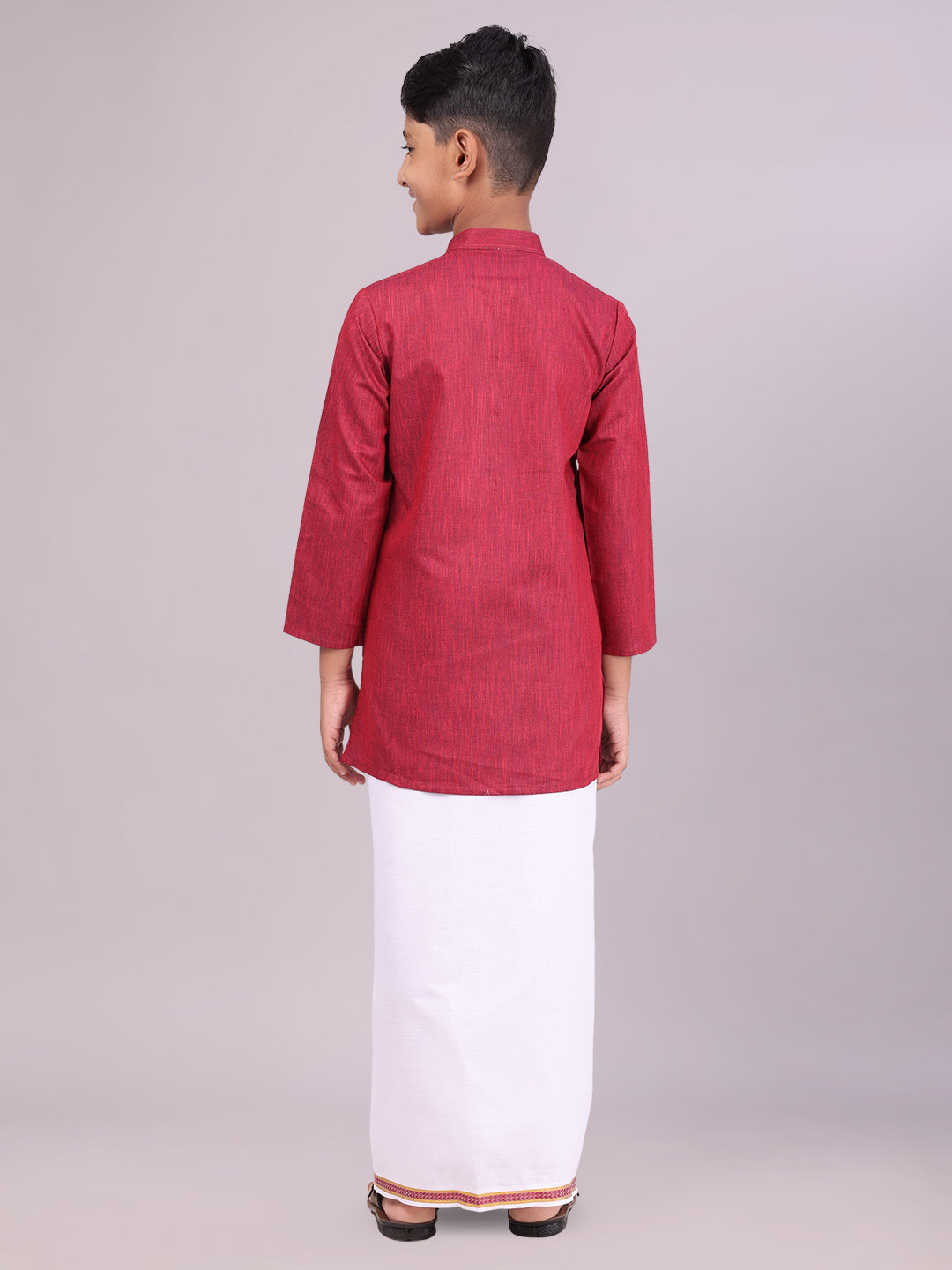 Boys Cotton Maroon Kurta with Matching Border Dhoti Combo back pose