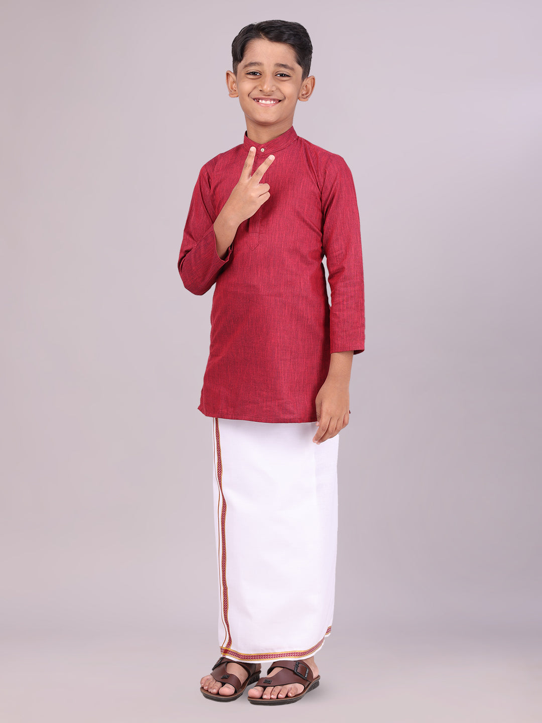 Boys Cotton Maroon Kurta with Matching Border Dhoti Combo front pose